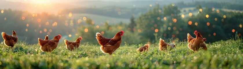 Fototapeta premium Free-Range Chickens Grazing in a Sunlit Meadow with Scenic Countryside Background