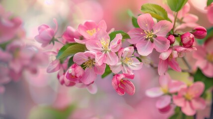Fototapeta premium Spring garden flowers close up with a blooming fruit tree branch backdrop
