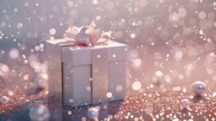 A gift box with a white bow sits on a sparkling, out-of-focus background, copy space