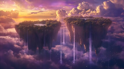 47. Craft a whimsical 3D rendered background of floating islands adorned with cascading waterfalls under a twilight sky painted with hues of purple and gold.