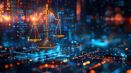 Obraz premium Futuristic Digital Justice Scale with Neon Lights Representing Legal Technology and Innovation