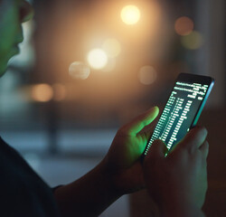 Hands, code and hacker with phone screen for cyber attack, fraud or data breach with bokeh at night. Mobile, criminal or person hacking network security, virus or programming dark web malware closeup