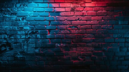 Illuminated brick wall with blue and pink lights