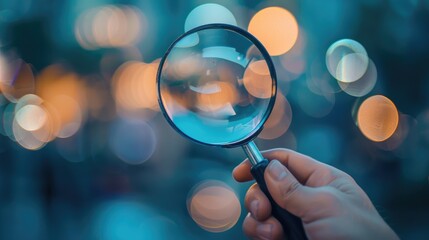 Hand holding magnifying glass on a blurred blue background