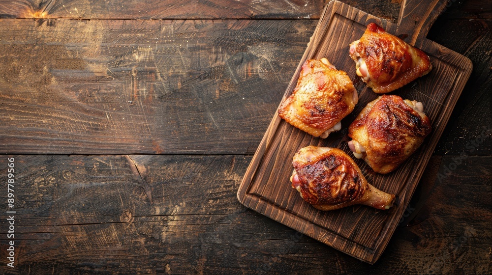 Wall mural chicken thighs cut with skin on on a wooden board top view with space for text