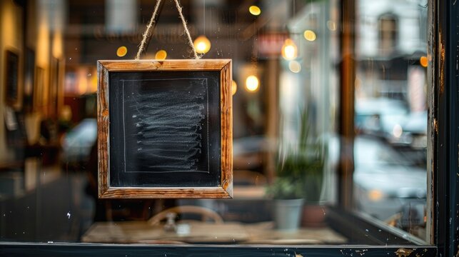 Close up shot of sign board seen from coffee shop window