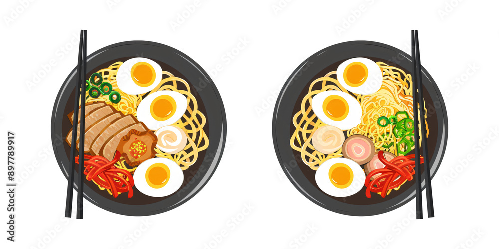 Wall mural Set of two bowls with Japanese ramen with chicken or pork and noodles isolated on transparent background. Asian food concept. Elements collection for design menu, recipe card, banner, poster