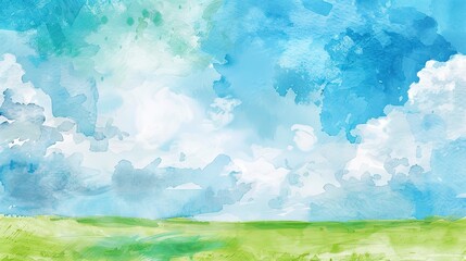 Fototapeta premium watercolor illustration of a blue sky and green ground landscape, invitation cards and background
