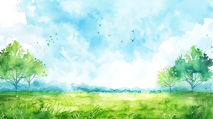 watercolor illustration of a blue sky and green ground landscape, invitation cards and background 