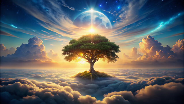 Serene landscape with glowing tree of life, surrounded by misty clouds, symbolizing eternal life, hope, and renewal in a mystical, dreamlike atmosphere.