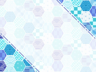 涼しい雰囲気の青色の和柄の背景と、フレーム型のテンプレート