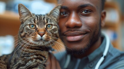a handsome light skin half black doctor veterinarian petting a cat in a vet office, lifestyle, photorealistic, 8k resolution,