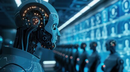 Fototapeta premium A futuristic robot with intricate designs stands against a backdrop of digital displays in a high-tech environment.