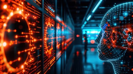 A futuristic visualization of artificial intelligence with glowing elements and a digital head silhouette in a tech environment.