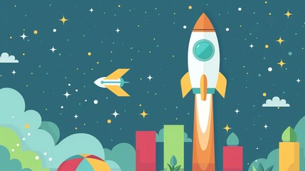Fototapeta premium Colorful rocket launching into starry sky with cityscape below, cartoon style illustration of space exploration and adventure.
