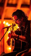 Fototapeta premium An artist performing an acoustic guitar set in a cozy, illuminated venue with warm lights creating an inviting atmosphere.