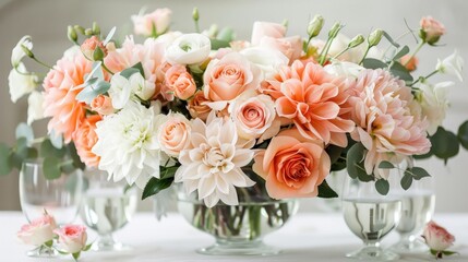 Beautiful floral arrangement featuring soft peach and white blooms in elegant glass vases, perfect for special occasions.