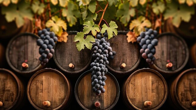 Beautiful cluster of grapes hanging above rustic wooden barrels, showcasing the art of winemaking in a vineyard setting.