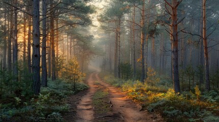 Obraz premium Forest path surrounded by tall trees