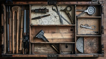 Open toolbox containing geometry tools such as compasses rulers and set squares ideal for precision drawing technical instruments and drafting purposes in educational and graphic resources