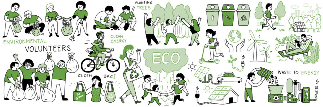 Cute hand drawn character and object of ecology concept. Outline, linear, thin line art, doodle style.