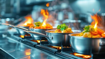 Vibrant kitchen scene with pots on a stove igniting flames, showcasing culinary skill and the art of cooking.