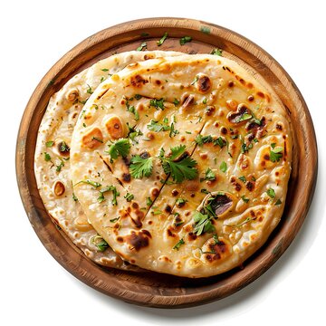 Board and plate of tasty Paratha with on white background.