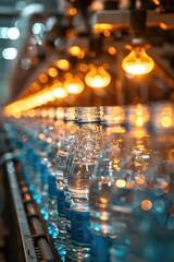 Automated Bottling Line with Plastic Water Bottles and Warm Industrial Lighting in a Modern Factory