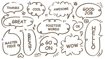 Comic style cute quote outline speech bubble with positive words. Set of hand drawn memo frame. Cartoon doodle crayon drawing cloud, box, message. Flat vector. Best, Awesome, WOW, Master, Piece, Go