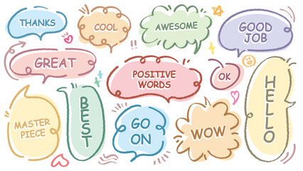 Comic style cute quote colorful speech bubble with positive words. Set of hand drawn memo frame. Cartoon doodle crayon drawing cloud, box, message. Flat vector. Best, Awesome, WOW, Master, Piece, Go