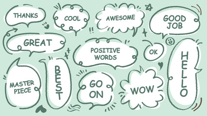 Comic style cute quote colorful speech bubble with positive words. Set of hand drawn memo frame. Cartoon doodle crayon drawing cloud, box, message. Flat vector. Best, Awesome, WOW, Master, Piece, Go