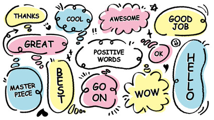 Comic style cute quote colorful thinking bubble with positive words. Set of hand drawn memo frame. Cartoon doodle crayon drawing cloud, box, message. Flat vector. Best, Awesome, WOW, Master, Piece, Go