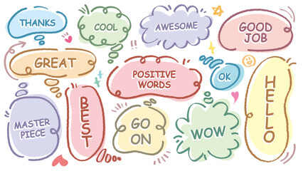 Comic style cute quote colorful thinking bubble with positive words. Set of hand drawn memo frame. Cartoon doodle crayon drawing cloud, box, message. Flat vector. Best, Awesome, WOW, Master, Piece, Go
