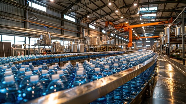 Modern Automated Bottled Water Production Line in Industrial Factory with Conveyor Belt and Machinery