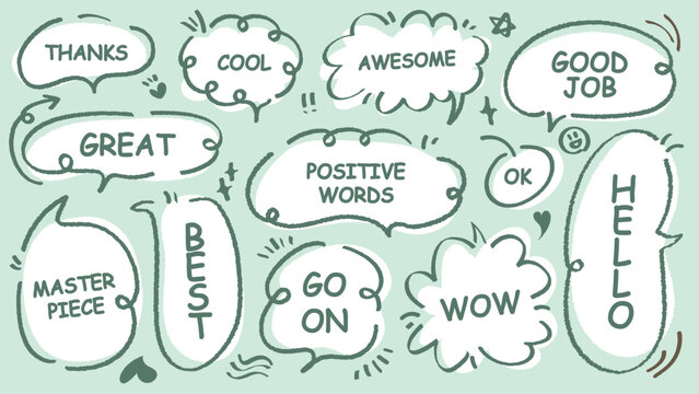 Comic style cute quote colorful speech bubble with positive words. Set of hand drawn memo frame. Cartoon doodle crayon drawing cloud, box, message. Flat vector. Best, Awesome, WOW, Master, Piece, Go