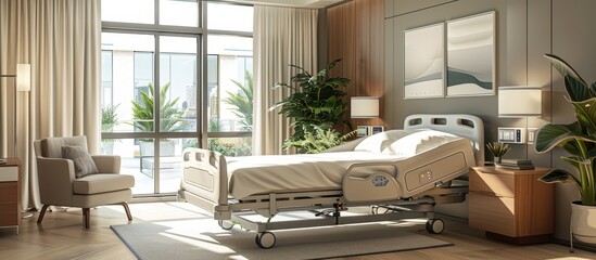 Modern Hospital Room with Comfortable Bed and Large Windows Overlooking Greenery