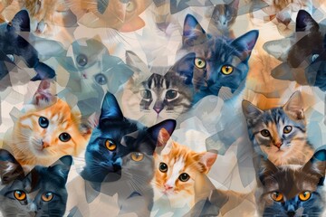 Fototapeta premium an abstract pattern made of photorealistic cats of different breeds