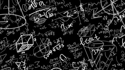 blackboard background footage with handwritten math elements, numbers and formulas Moving forward with zoom effect - Powered by Adobe