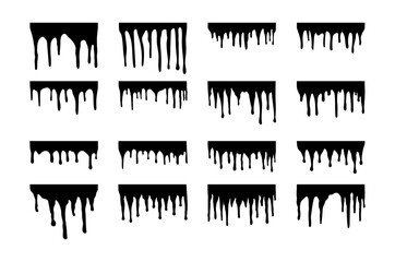 Set of melted paint drips. Collection of drops and flow of watercolor, oil paint, spray paint in black.  Liquid ink. Grunge texture. Stream of splashes . Elements. Hand drawn. Doodle. Wax, wet, leak
