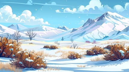 Cartoon modern panorama of a winter landscape with bushes and trees on a meadow near snowy mountains in a landscape of a field near hills, blue skies with clouds. 