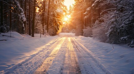 road covered with snow in winter time during sunset 