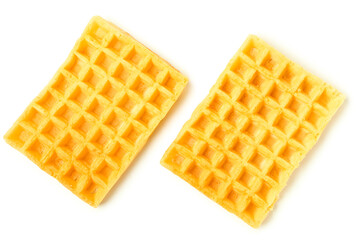 Tasty Belgian waffles on white background. Top view