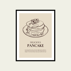 Illustration of delicious breakfast with pancakes and blueberries, line drawing for decorative painting