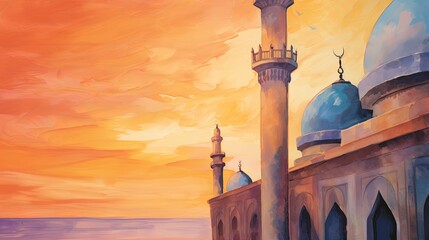 Fototapeta premium minaret of mosque country background and copy space , generative ai