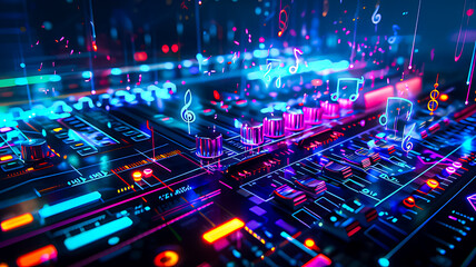 A 3D graphic of a sound mixer with glowing controls, surrounded by holographic music notes and sound waves