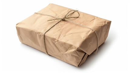 Large square cardboard box wrapped in craft paper with twine bow, isolated on a white background