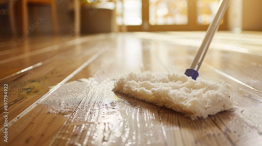 Poster Floor cleaning with mob and cleanser foam. Cleaning tools on parquet floor 