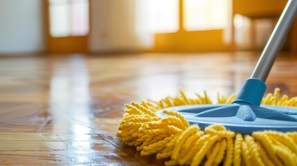 Floor cleaning with mob and cleanser foam. Cleaning tools on parquet floor -