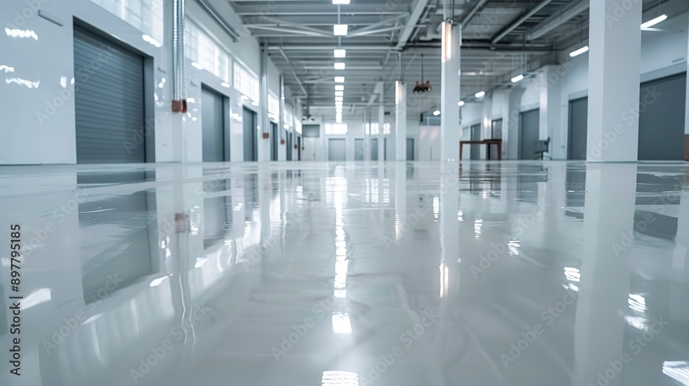 Poster New shiny epoxy resin floor in a large, brightly lit room. Office, warehouse, production workshop after renovation. 