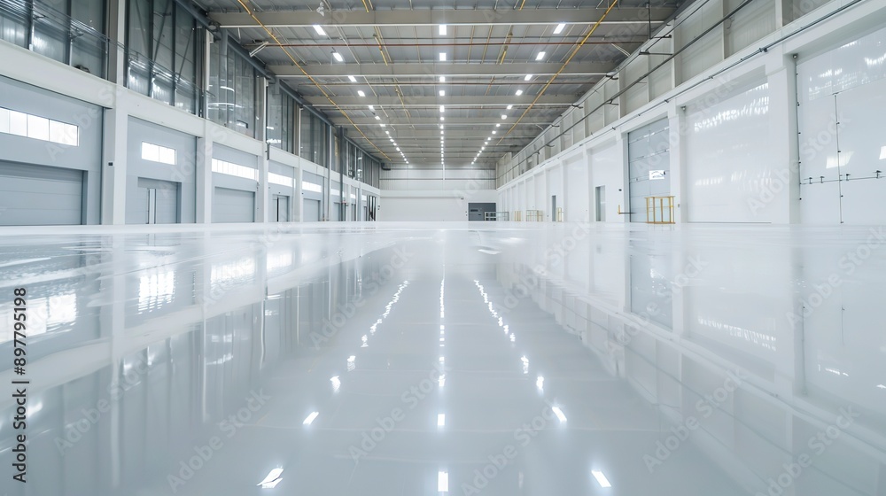 Sticker New shiny epoxy resin floor in a large, brightly lit room. Office, warehouse, production workshop after renovation.